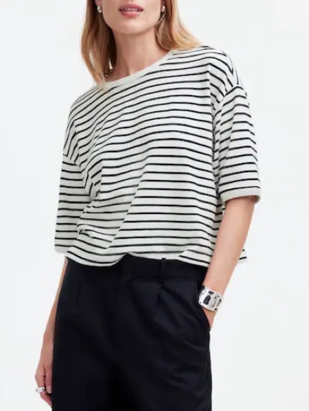 Madewell Relaxed Boxy Short-Sleeve Tee in White with Black Stripes Size XXL